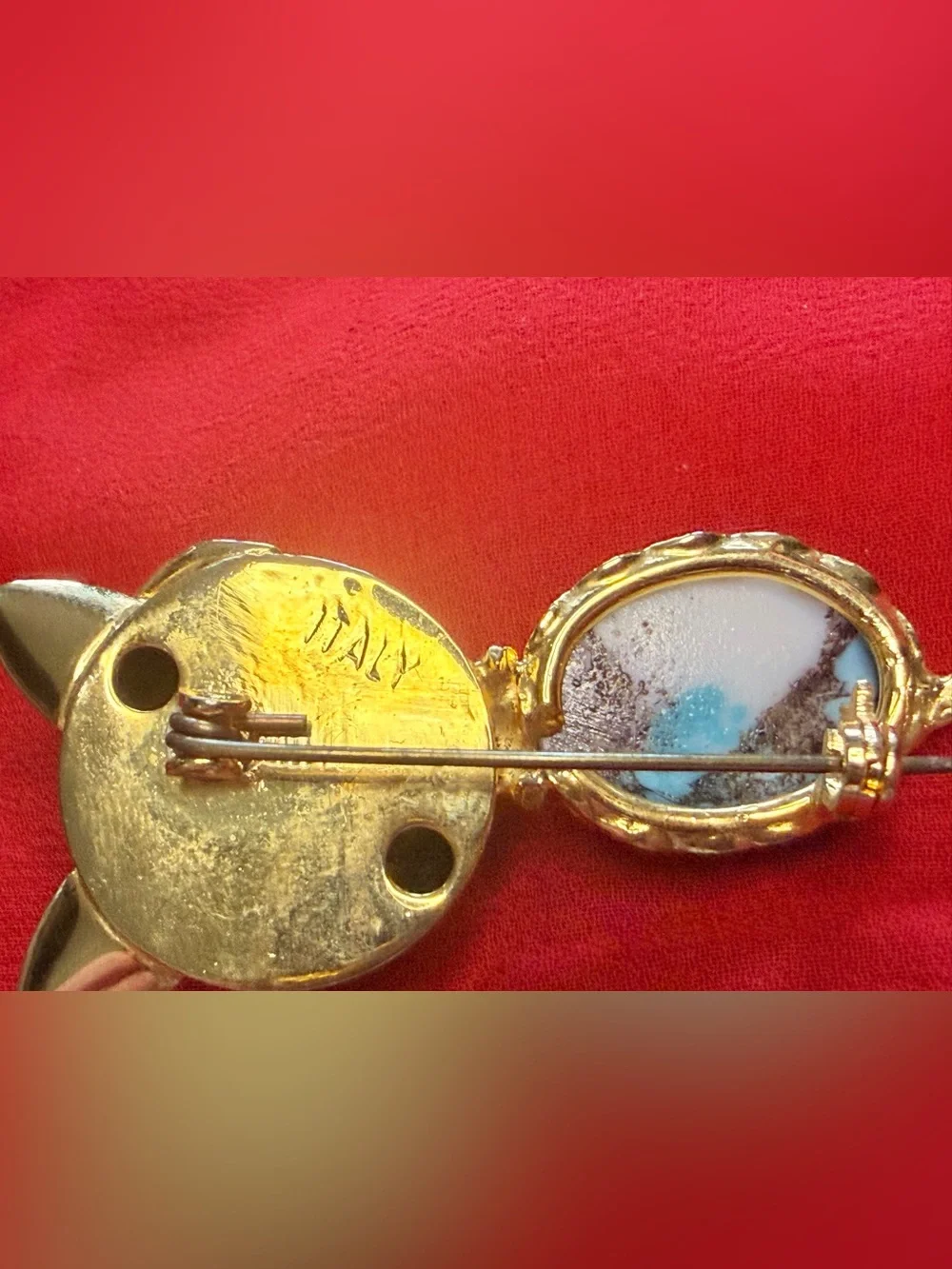 VTG Gold Tone Kitty Cat Jelly Belly Faux Turquoise Coral Pin Brooch Italy Rare